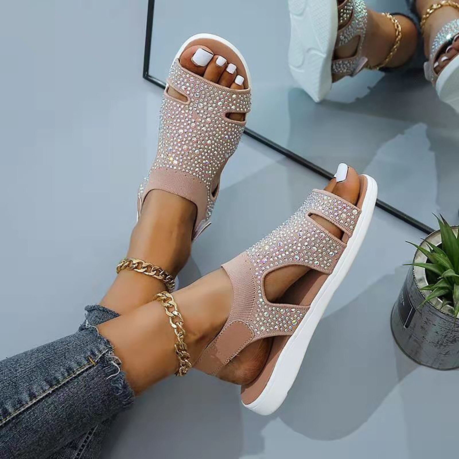 Sandals Ladies Simple And Cool Outer Penetration Solid Color Fish Mouth Rhinestones Large Size Beach Sandals Flat Bottom